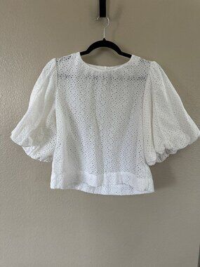 Joes Womens White Eyelet Puffy Sleeve Cotton Blouse Pullover Size Medium Flowy